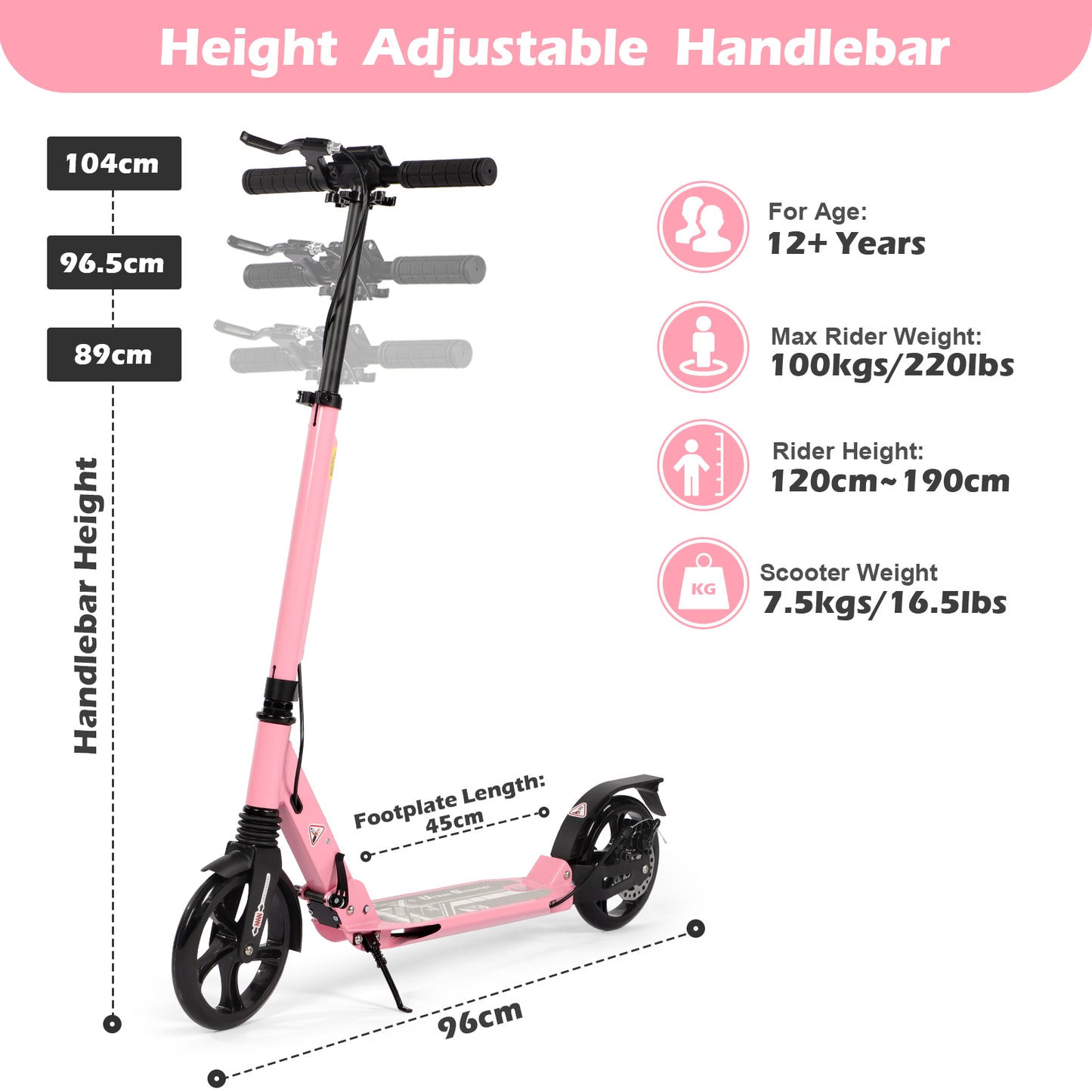 Birtech Adults Kick Scooter Pink with Disc Brakes