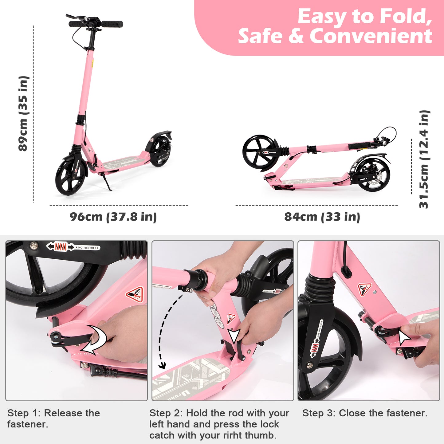 Birtech Adults Kick Scooter Pink with Disc Brakes