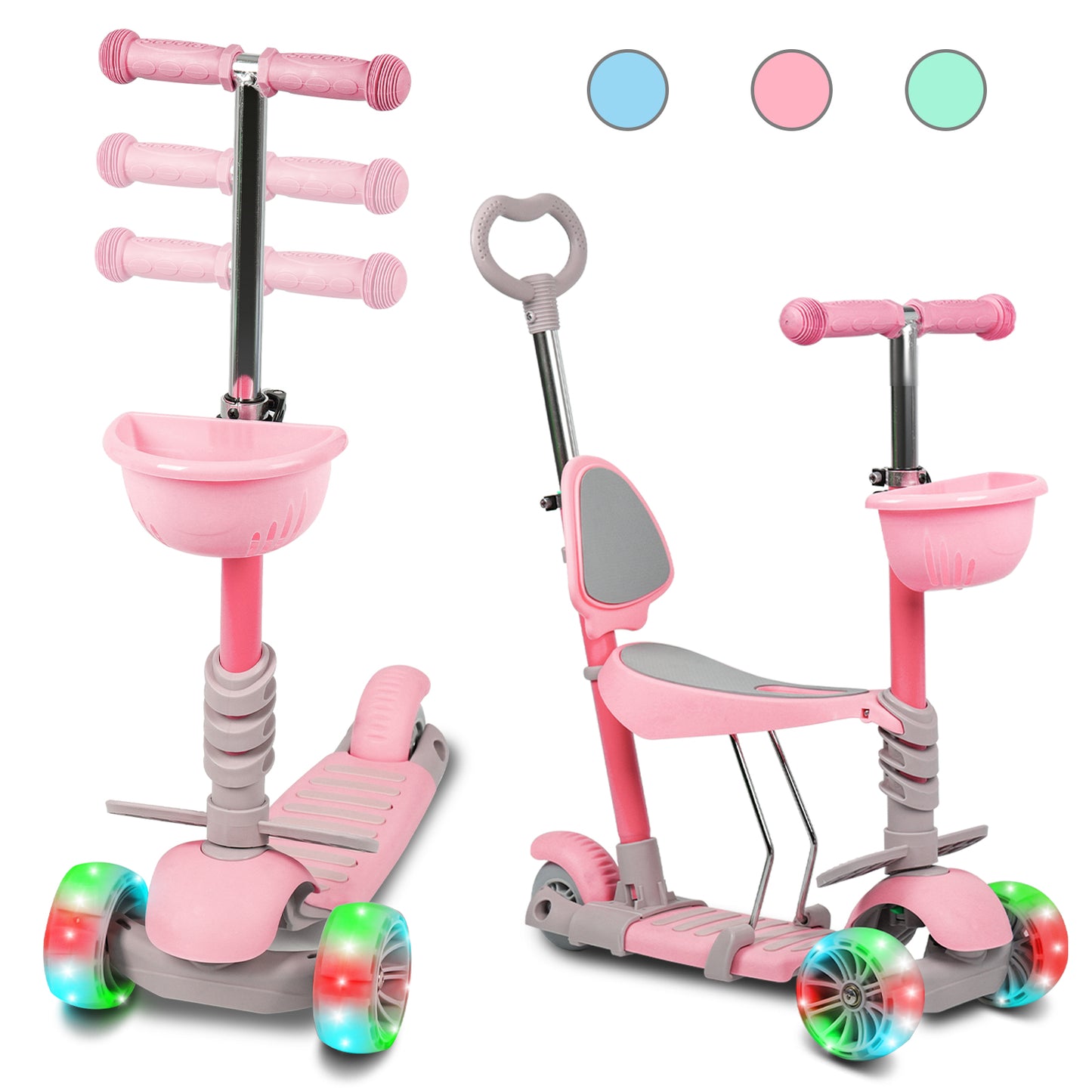 Birtech 5-in-1 Kids Scooter with LED Flashing Light Pink