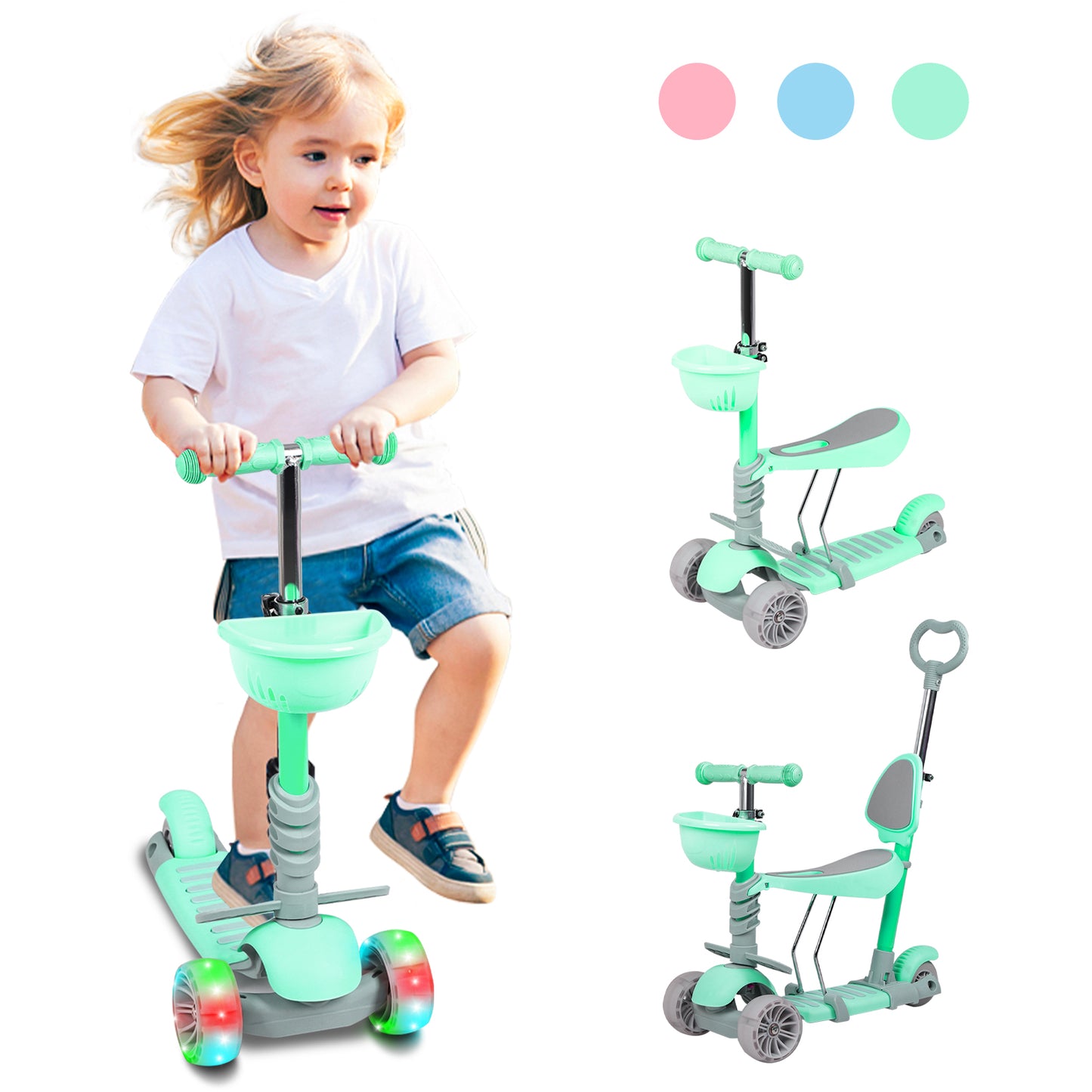 Birtech 5-in-1 Kids Scooter with LED Flashing Light Green