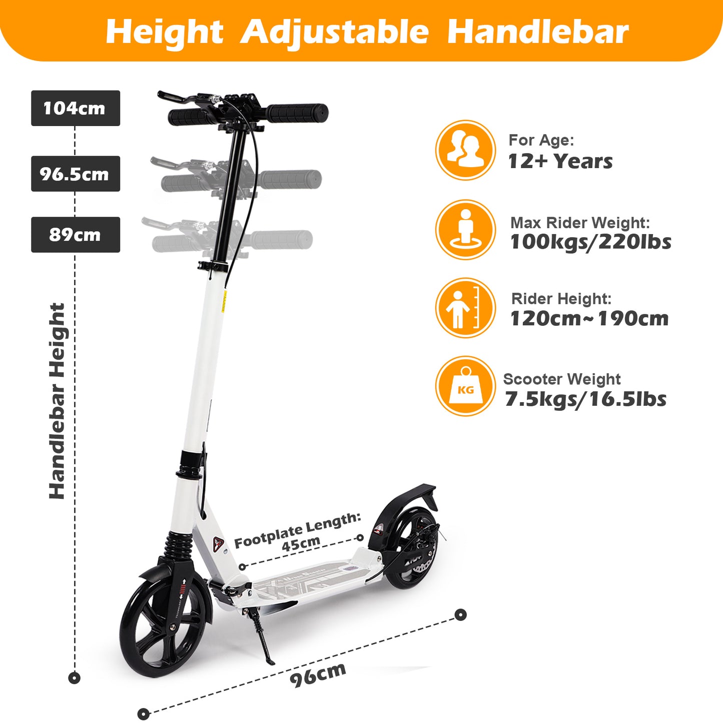 Birtech Adults Kick Scooter White with Disc Brakes